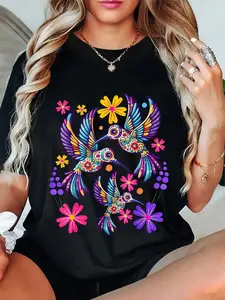 Women's 100% Cotton Casual Round Neck Short-Sleeve T-Shirt - Unisex Fit, Loose Crewneck, Hummingbird, Colorful Mexican Flowers, Floral Nature Design for Men & Women